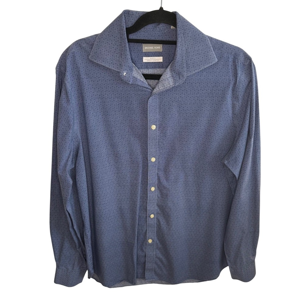 Michael Kors Men's Blue Dot Slim Fit Airsoft Stretch Dress Shirt Size Large